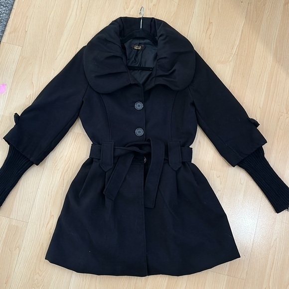 Black wool jacket. Fitted. Tie belt waist. Button up. - Picture 1 of 4